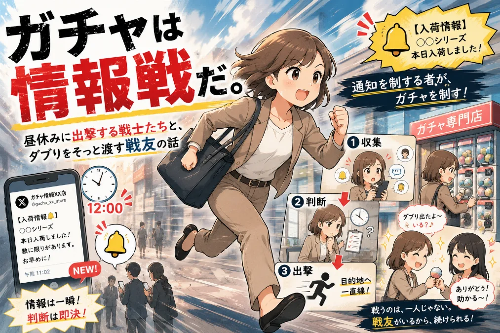 ガチャは情報戦だ。 — 昼休みに出撃する戦士たちと、ダブりをそっと渡す戦友の話